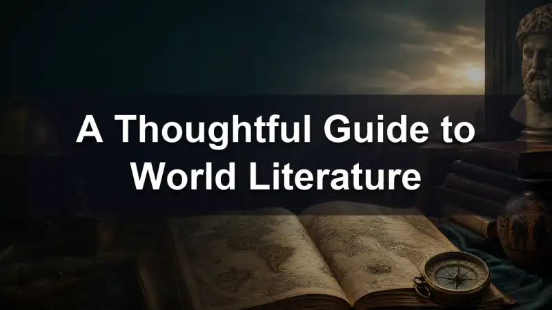 An open novel in translation beside a world map and a cup of tea