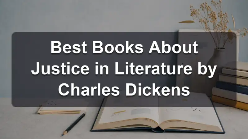 Stack of books by Charles Dickens and related literature on justice