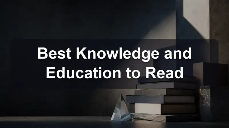 A stack of books about knowledge and education with an open notebook beside it