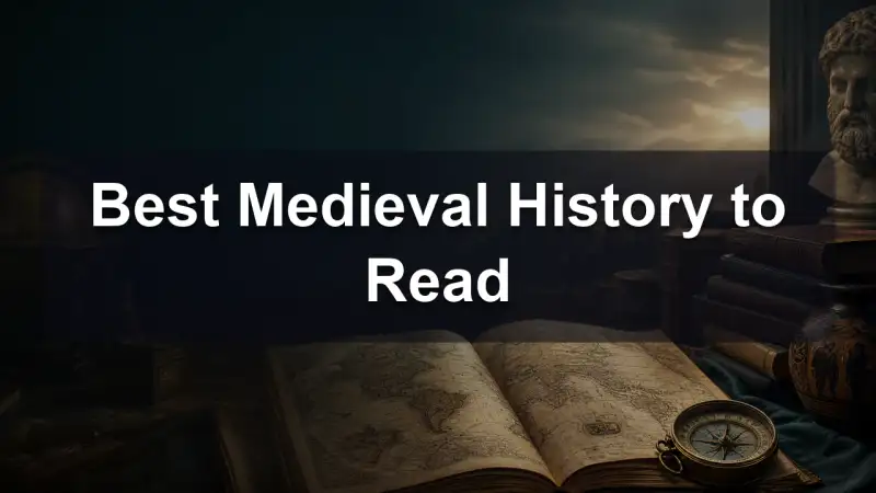 An illuminated manuscript and a castle on a hill beside a stack of history books