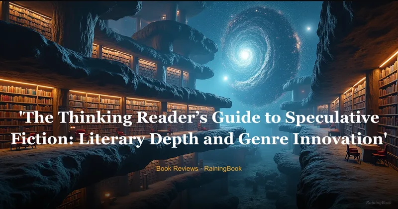 A moody collage of book covers and abstract landscapes representing literary speculative fiction themes