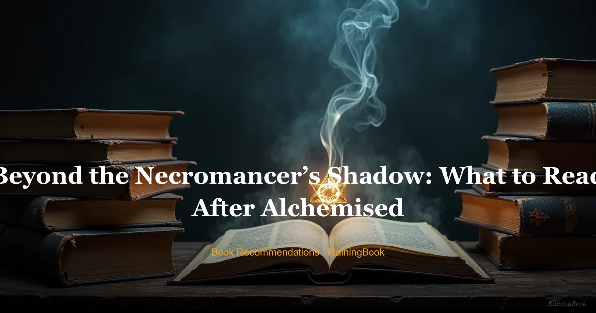 A dark literary reading nook with stacked books, curling smoke, and glowing alchemical symbols surrounding an open copy of Alchemised.