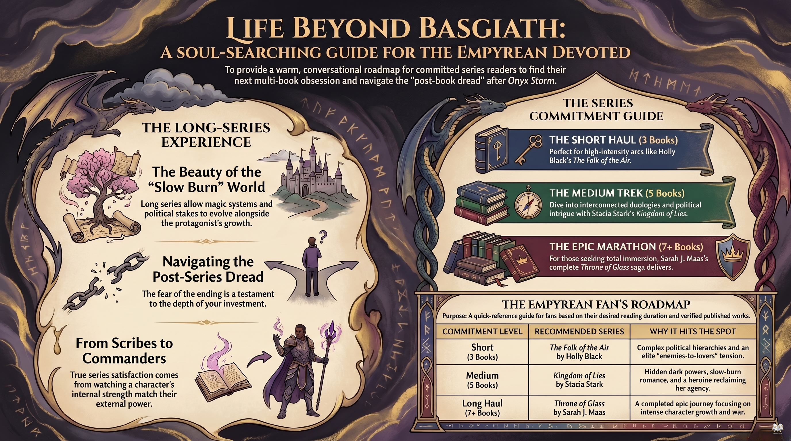 Infographic for Beyond Basgiath: Finding Your Next Great Emotional Payoff (A Romantasy Reading Guide)